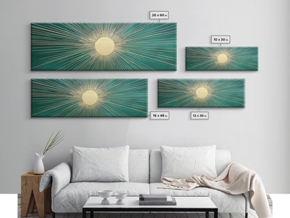 Emerald Green Sun Burst Wall Art, Art Deco Retro Vibes, Eclectic Home Decor, Emerand Green and Gold Horizontal Framed Canvas