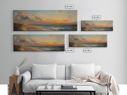 Muted Beach Framed Oil Painting Canvas Print, Minimalist Coastal Decor, Seascape Painting, Long / Horizontal Beach Wall Art, Panoramic Art