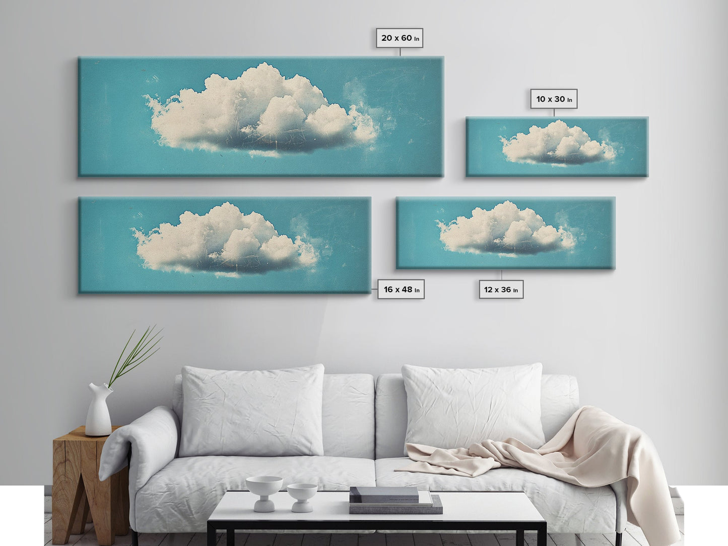 Framed Canvas Art, Sky Blue, Navy Blue Lonely Cloud Art, Minimalist Art Print, Panoramic Extra Wide Horizontal Art, Lonely Cloud