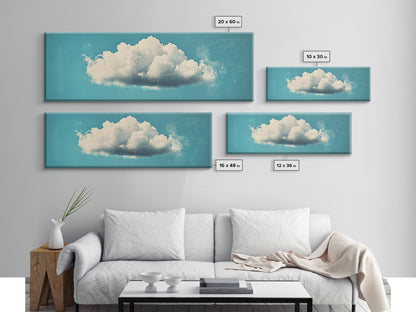 Framed Canvas Art, Sky Blue, Navy Blue Lonely Cloud Art, Minimalist Art Print, Panoramic Extra Wide Horizontal Art, Lonely Cloud