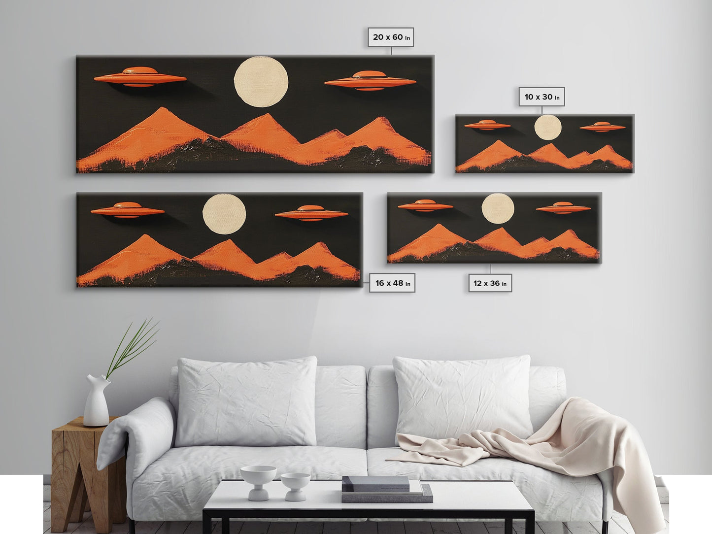 Orange Flying Saucers - UFO Art - Panoramic Print - Cute Alien Art - Nursery Decor