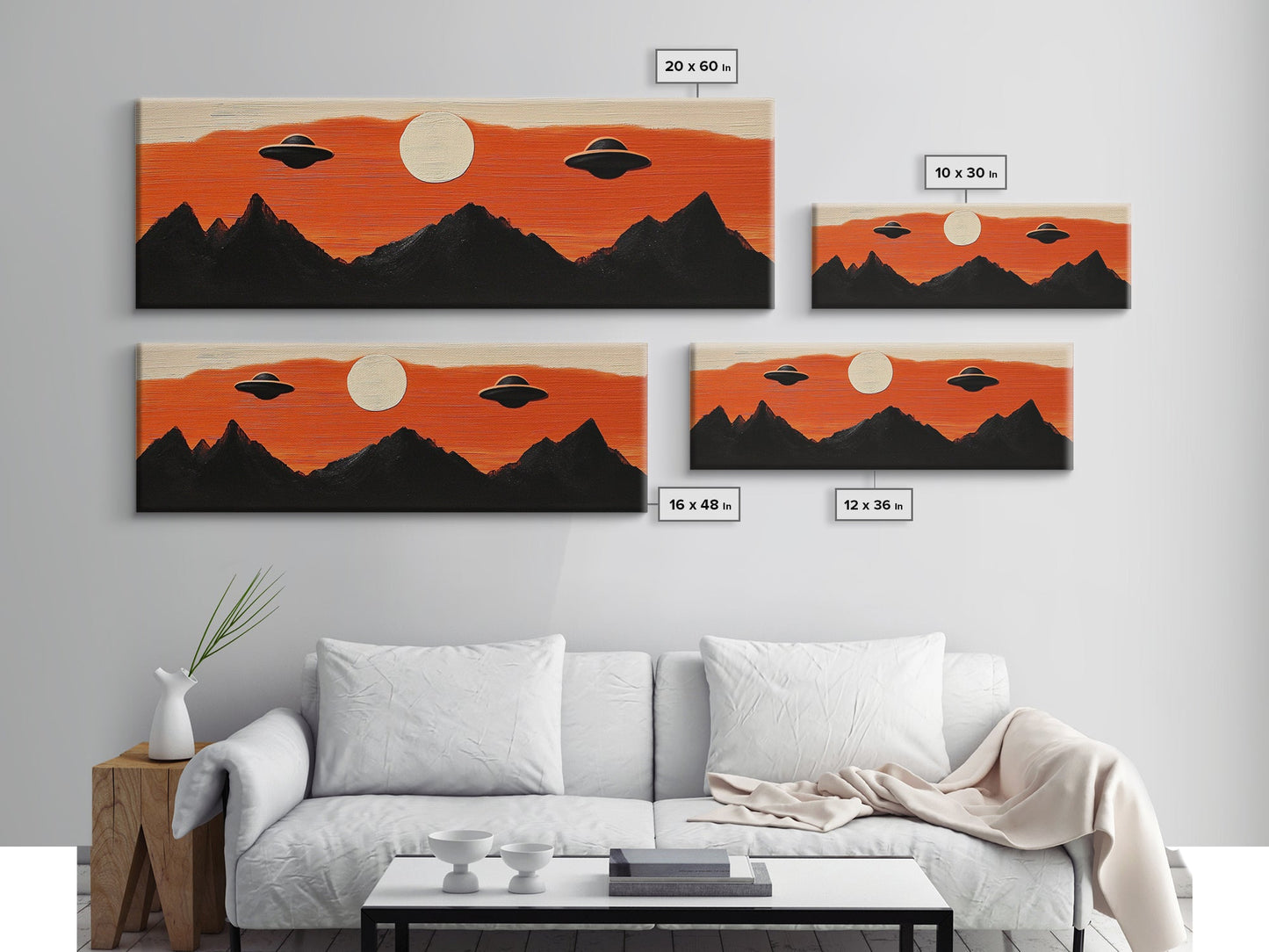 Fun Nursery Decor - Boy's Room Wall Art - Panoramic Flying Saucers or UFOs Art Print - Framed Canvas