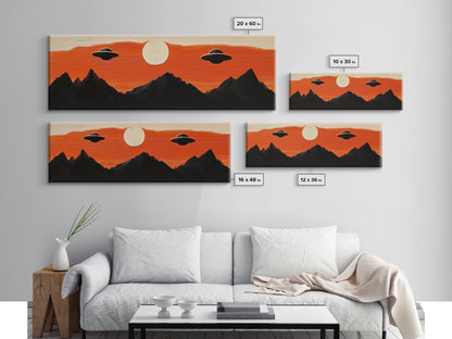 Fun Nursery Decor - Boy's Room Wall Art - Panoramic Flying Saucers or UFOs Art Print - Framed Canvas