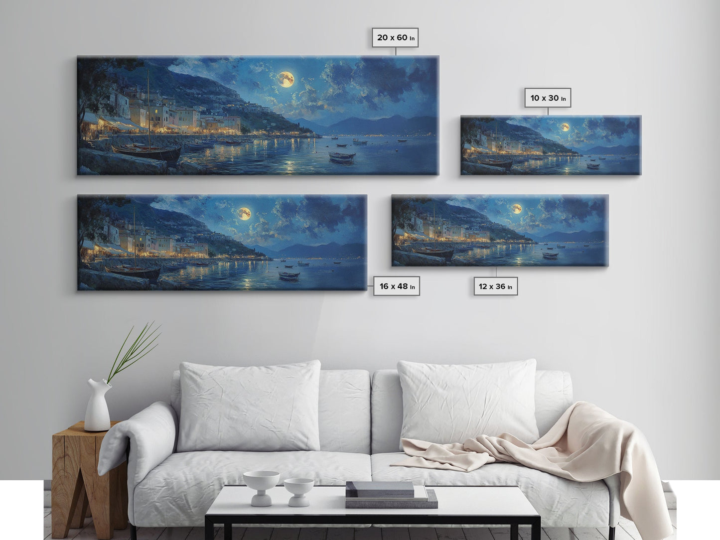 Horizontal Oil Painting Print - Italy At Night - Portofino Wall Art - Horizontal Panoramic Print - Full Moon Painting