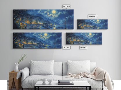 Italian Fishing Village at Midnight Under a Full Moon, Framed Canvas Print, Panoramic Wall Art, Eclectic Boho Home Decor, Wide Oversized Wall Art
