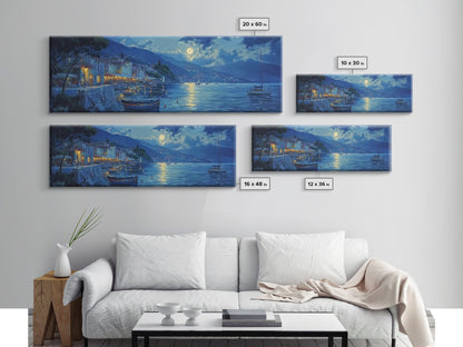 Fishing Village at Midnight Under a Full Moon, Framed Canvas Print, Panoramic Wall Art, Eclectic Boho Home Decor, Wide Oversized Wall Art