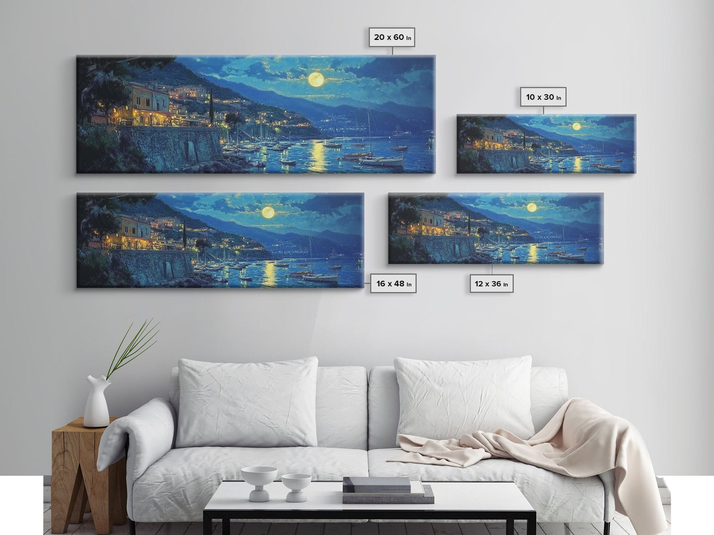 Greece at Midnight - Framed Canvas Print - Greek Fishing Village Under a Full Moon - Boho Wall Art - Moody Landscape Painting