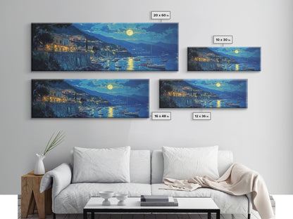 Greece at Midnight - Framed Canvas Print - Greek Fishing Village Under a Full Moon - Boho Wall Art - Moody Landscape Painting