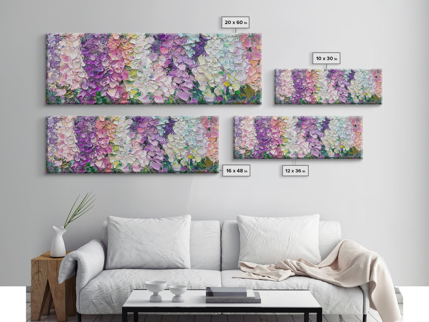White, Pink and Purple Wild Flowers, Framed Canvas Print, Floral Oil Painting, Abstract Flower Painting, Panoramic Oversized Wall Art
