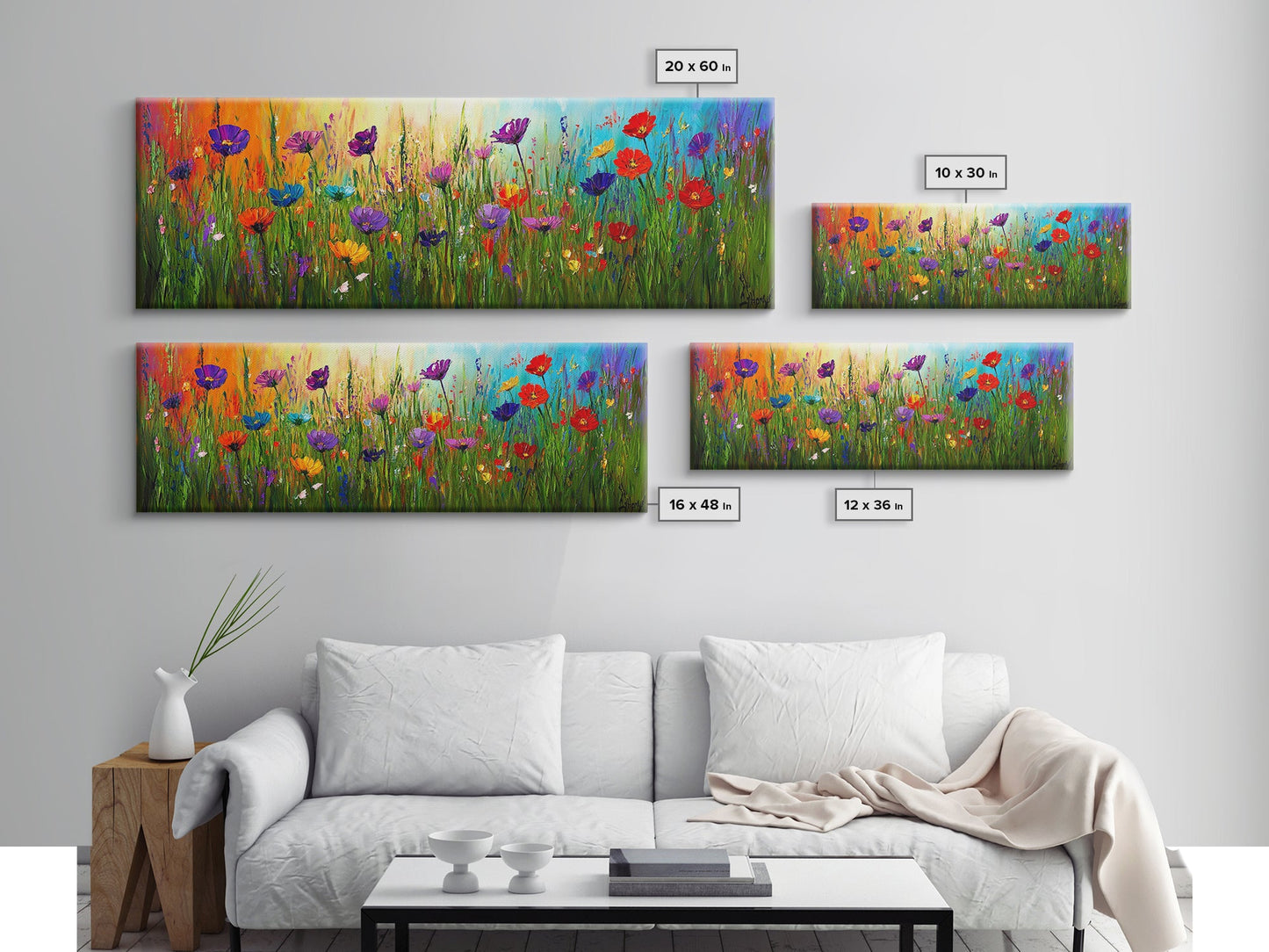Purple Flowers, Panoramic Floral Print, Framed Canvas Art, Wildflowers Painting Spring Flower Watercolor Art Print, Field of Wildflowers