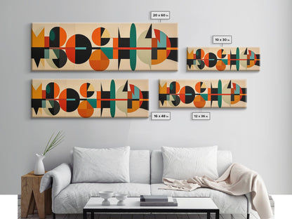 Mid-Century Modern Abstract Geometric Pattern Wall Art, Canvas Print, Wide Panoramic Wall Art For Living Room