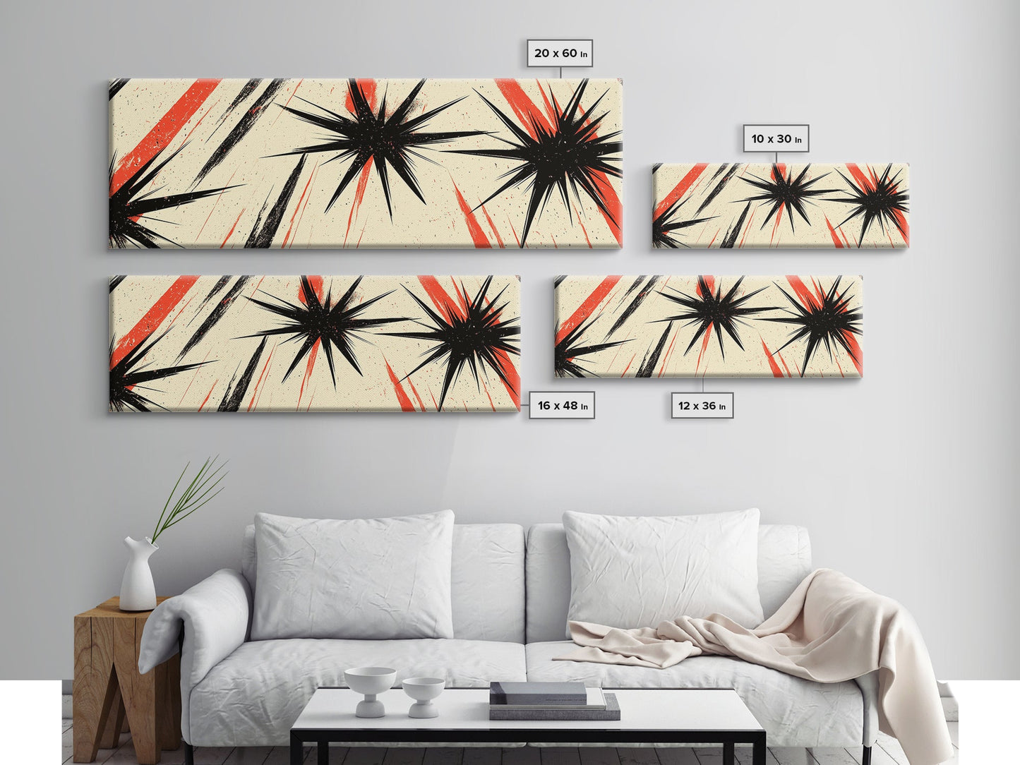 Flashes and Light - Framed Canvas Print - Mid-century Modern Rocket Age Inspired Wall Art - Black Stars with Red Streaks