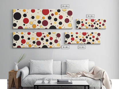 Polka Dots - Framed Canvas Print - MCM Inspired Midcentury-Modern Wall Art - Red, Yellow and Black Dots on a White Background