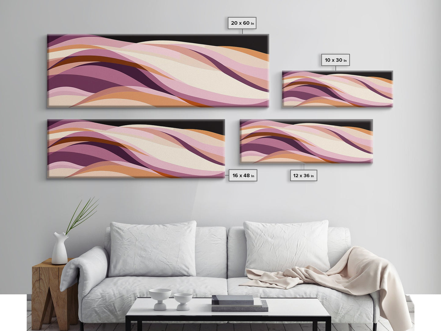 Lavender and Lilac Ocean Waves - MCM Style Modern Art, Retro Abstract Panoramic Print, Wood Framed Art, Modern Home Decor