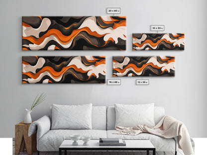 Retro Abstract Art, Framed Canvas Print, Orange, Black and White Wall Art, Oversized Extra Wide Wall Art
