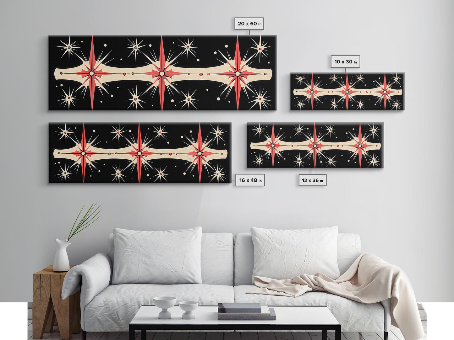 Neutral Star Burst Framed Canvas Print, Abstract Atomic Age Wall Art, Mid-Century Modern 1950s Style Home Decor, Large Scale Art