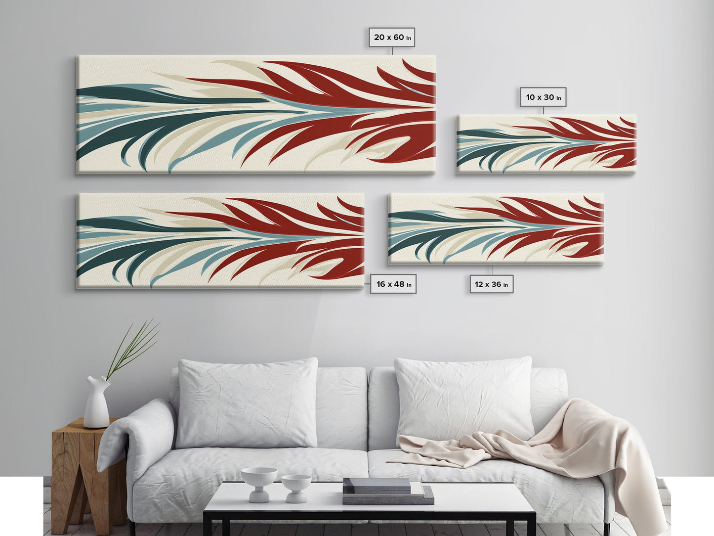 Feathers - Framed Art Deco Canvas Print - Wood Framed Art - Extra Wide Panoramic Art - Oversized Art For Large Space