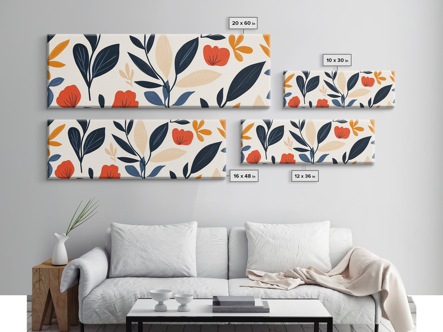 MCM Floral Print, Framed Canvas Art With Wood Frame, Over Sized Extra Wide Art For Above Sofa, Blue flowers on Black Background