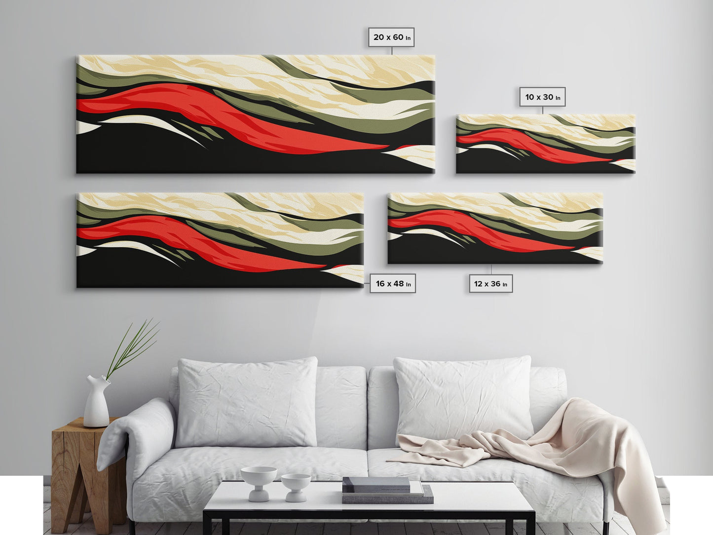 Moody Abstract Painting Print - "Waves" - Panoramic Extra Wide Wall Art, Red, black and Green Wall Art, Modern Art