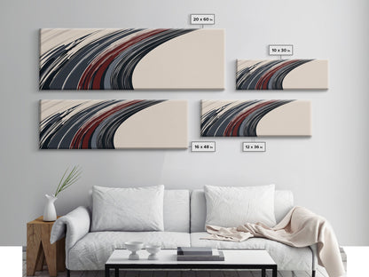 Abstract Line Art - Grey, Black and Brown Lines - Framed Canvas Print - MCM Style Abstract Wall Art, Extra Wide Art