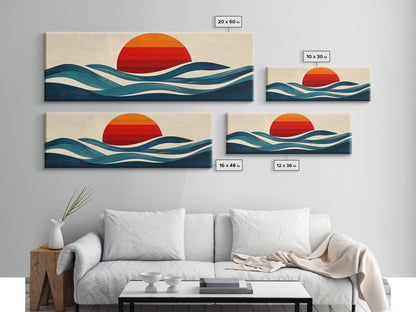 Retro Art Deco Sunset over The Ocean, Framed Canvas Print, Vector Image Style Artwork, Wood Frame, Boho / Eclectic Home Decor, Minimalist Decor