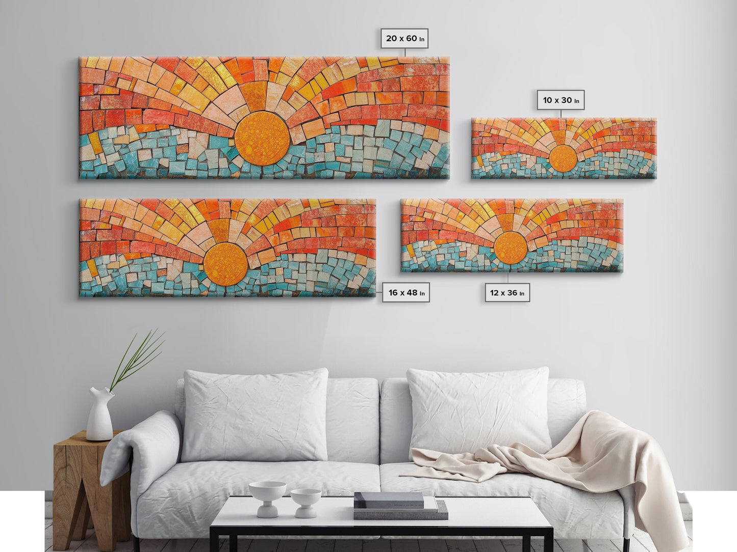 Panoramic Print - Sunset Mosaic Canvas Print - Wood Framed Wall Art - Horizontal Abstract Art - Large Wide Wall Art - Above Bed Decor Framed Canvas
