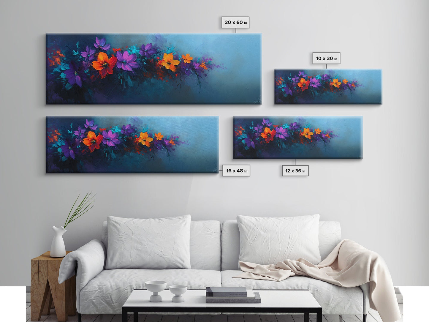 Purple and Orange Flowers on Navy Blue Background, Panoramic Framed Canvas Art, Oil Painting Print, Boho Style Wall Art, Dark Home Decor, Moody Art