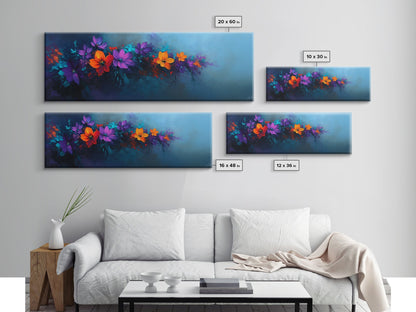 Purple and Orange Flowers on Navy Blue Background, Panoramic Framed Canvas Art, Oil Painting Print, Boho Style Wall Art, Dark Home Decor, Moody Art