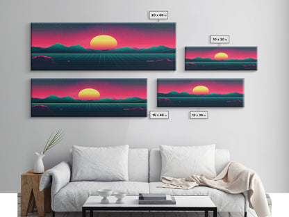 Synthwave Sunset Over The Mountains, Wireframe Art, Framed Canvas Print, Wire Frame Retro 1980s Style Wall Art