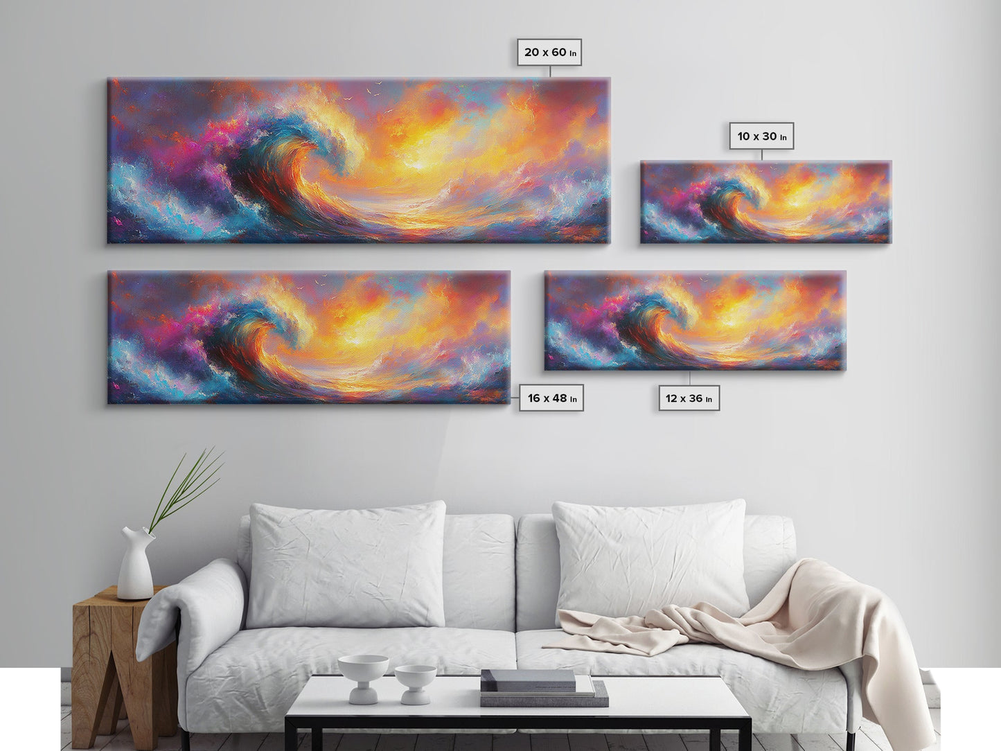 Oil Painting Print of Rainbow Ocean Waves, Retro Farmhouse Beach House Decor, Panoramic Extra Wide Wall Art
