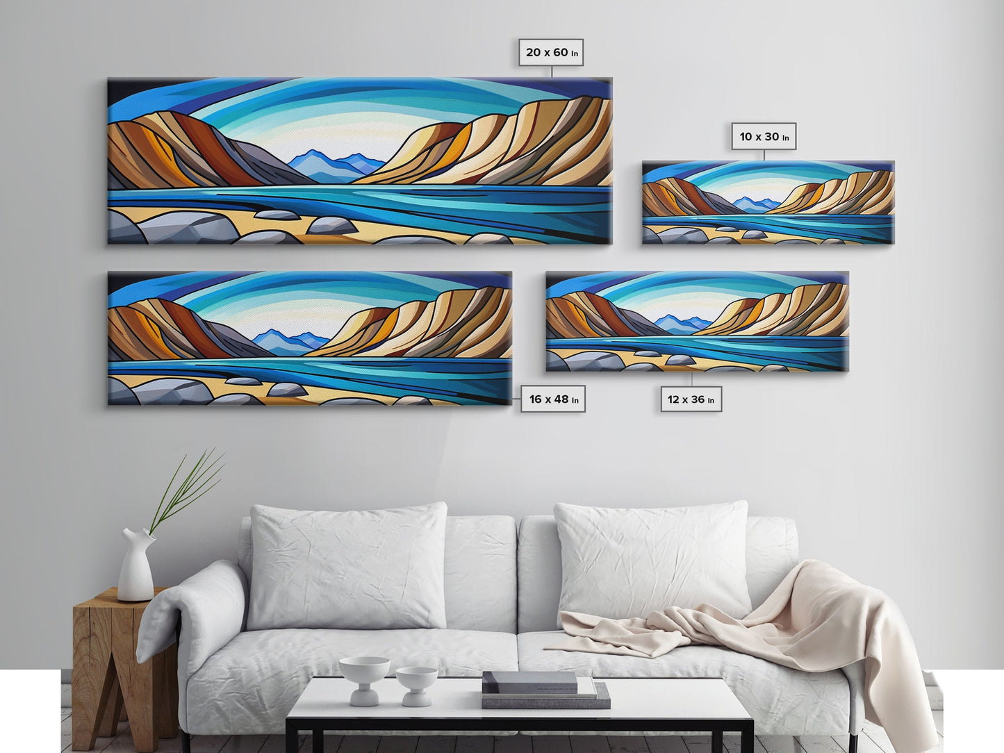 Retro Art Deco Landscape Print, Stained Glass Style Landscape Painting, Wood Framed Wall Art, Horizontal Art, Ultra Wide Panoramic Art