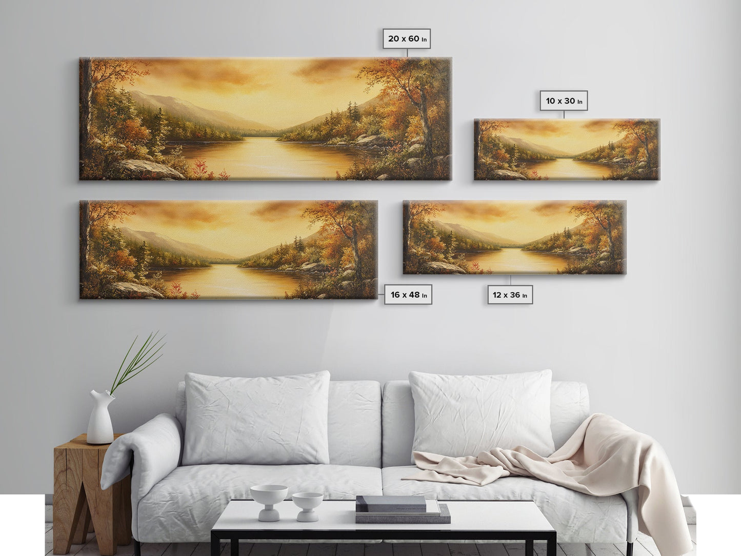 Sunset Over The Lake, Framed Canvas Print, Ultra Wide Wall Art, Panoramic Painting, Above Sofa Or Bed Wall Art, Home Decor, Calm Wall Art