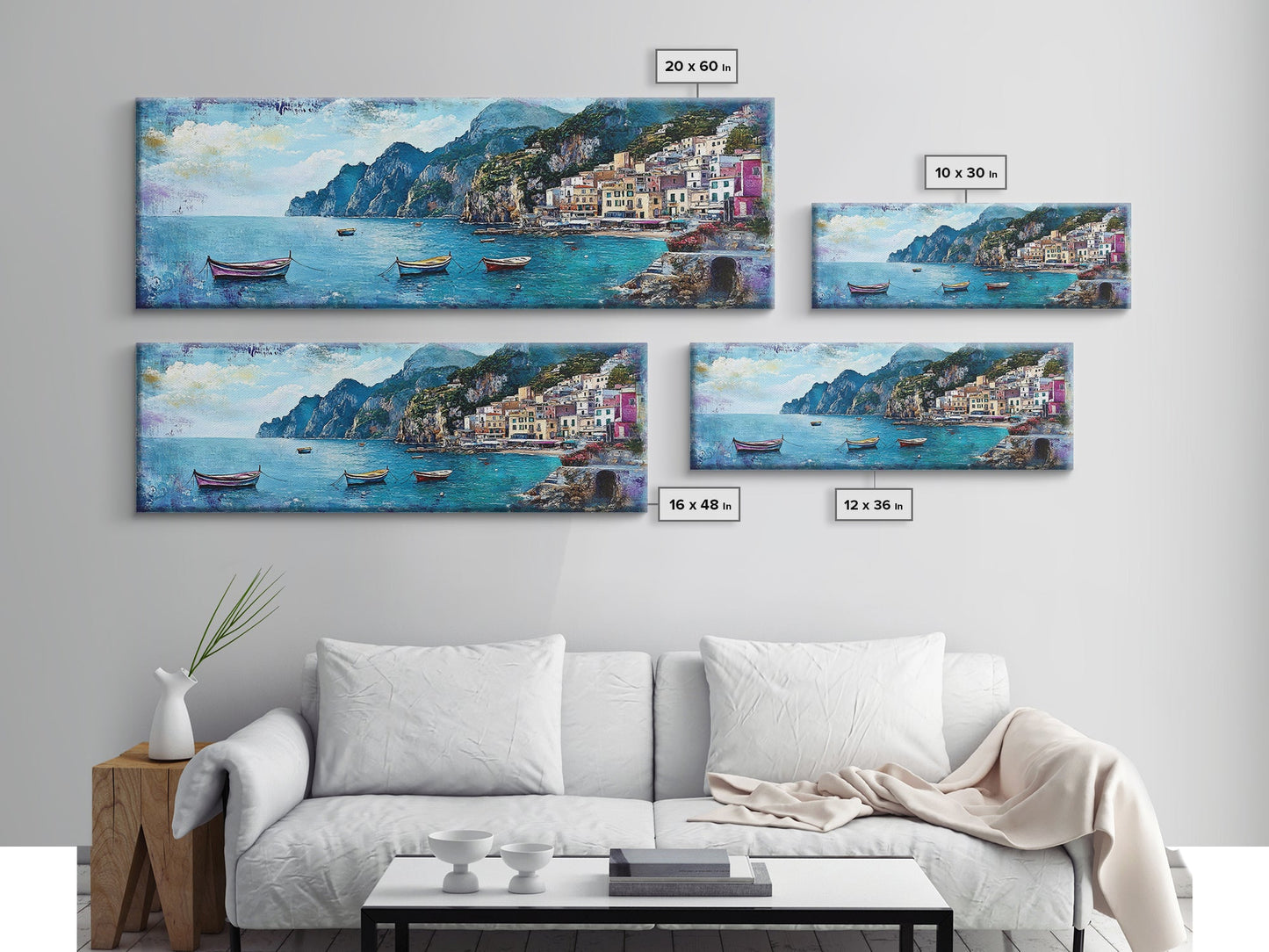 Italian Seaside, Framed Canvas Print, Italy In The Summer, Original Artwork Oil Painting Print, Gift Idea, Horizontal Wood Framed Panoramic Art