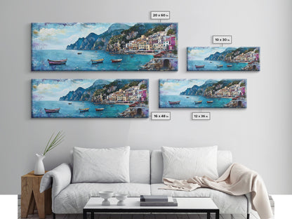 Italian Seaside, Framed Canvas Print, Italy In The Summer, Original Artwork Oil Painting Print, Gift Idea, Horizontal Wood Framed Panoramic Art