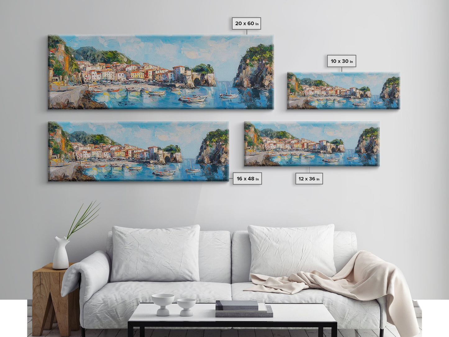 Muted Italian Fishing Village Painting Print, Boho Wall Art, Minimalist Style Panoramic Painting, Extra Large Oversized Wall Art, Home Decor / Gift Idea