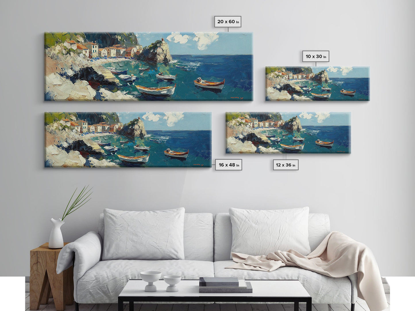 Italian Fishing Village, Vintage Style Canvas Print, Wood Framed Panoramic Wall Art, Italy Vacation Gift, Travel Gift Idea, Impressonist Seascape