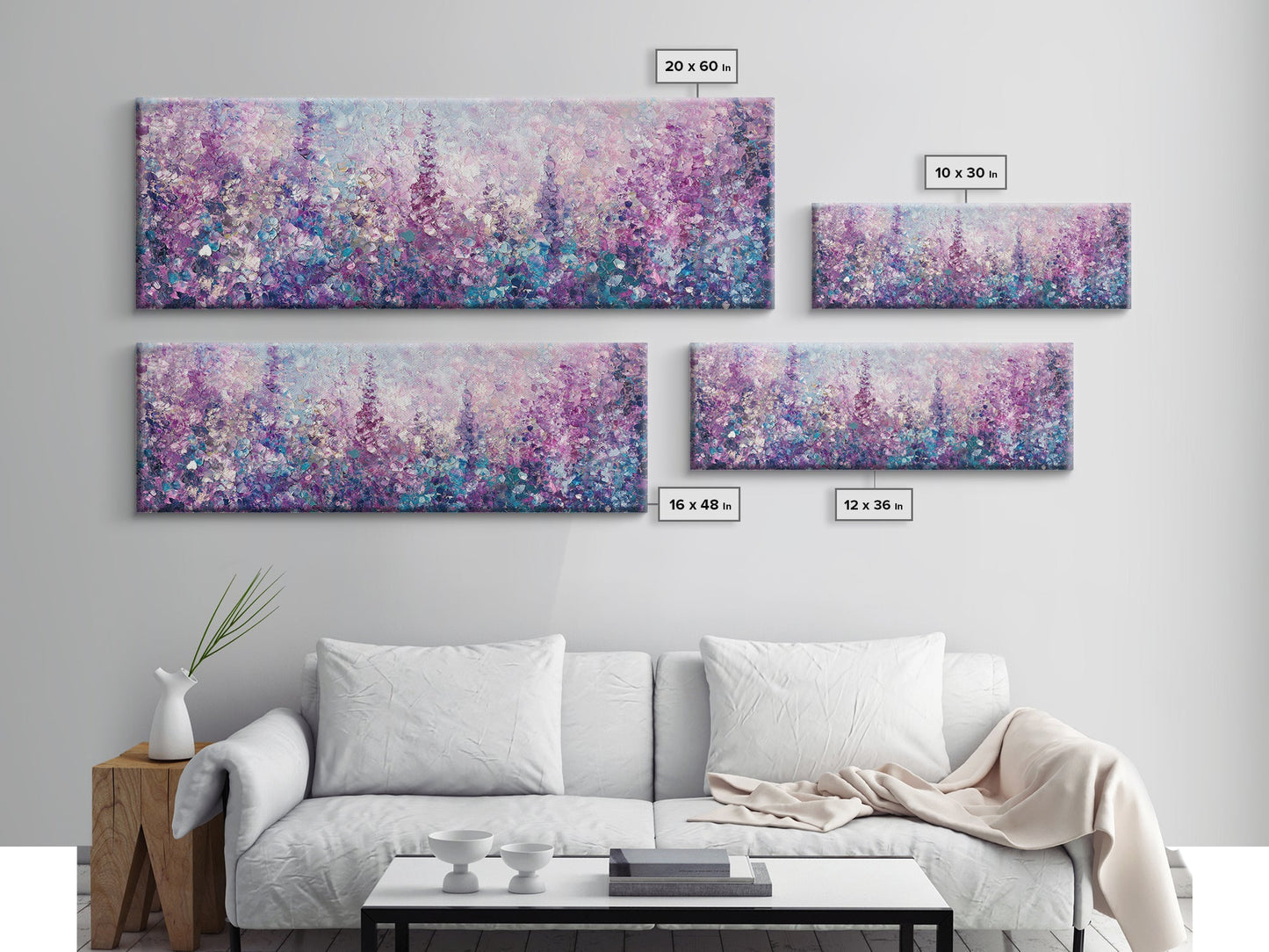 Purple Flower Painting, Lavender and Lilacs, Framed Canvas Print, Boho Style Panoramic Painting Wall Art, Purple and Blue Flowers