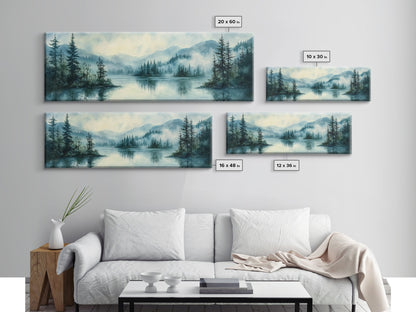 Fog Over The Lake Panoramic Painting Print - Rustic Decor - Panoramic Ultra Wide Wall Art For Above Bed or Sofa - Moody Decor