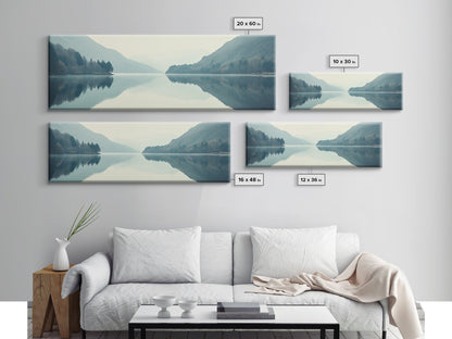 Reflections on an Overcast Day, Framed Canvas Print, Moody Decor, Foggy Landscape Painting, Panoramic Wall Art