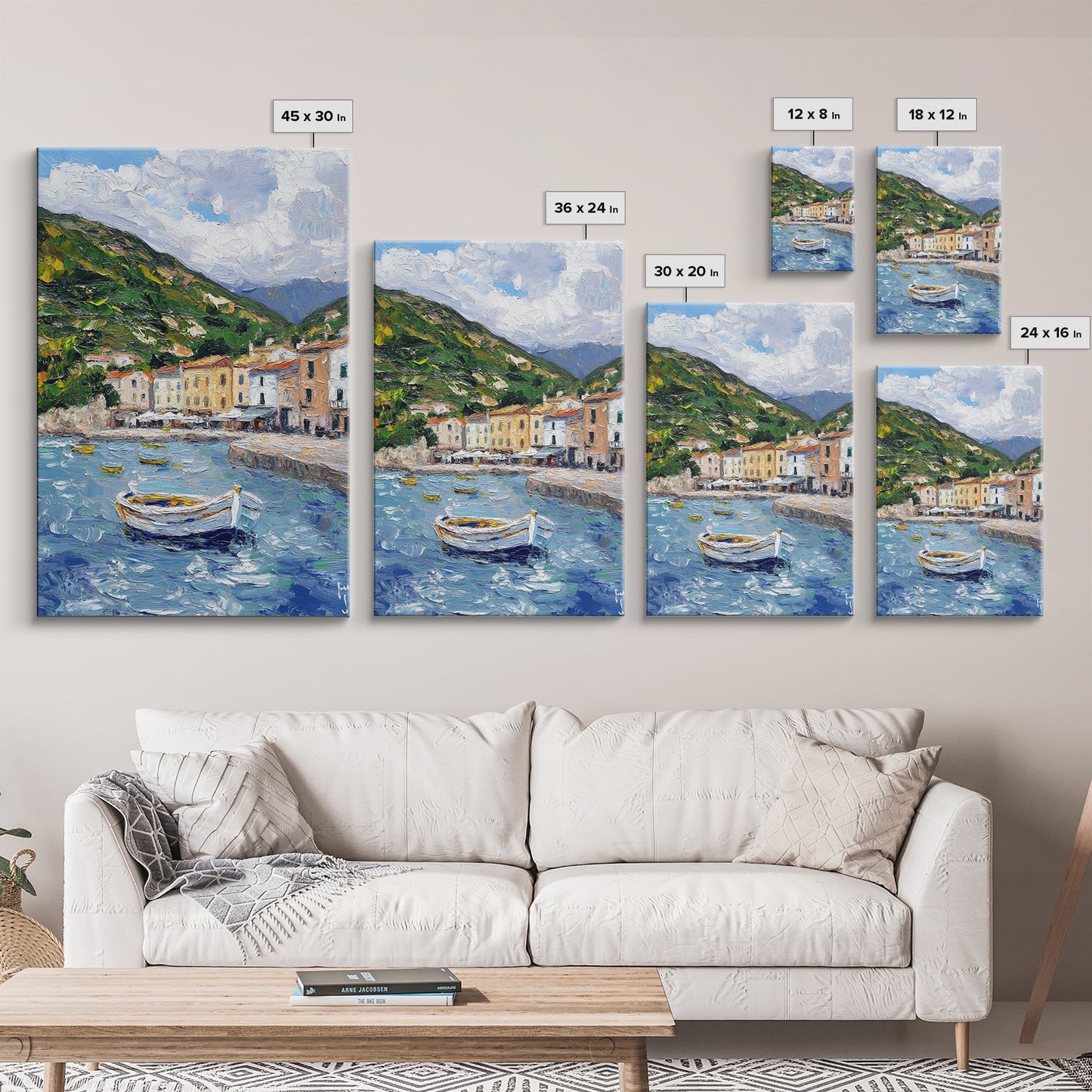 Modern Art Canvas Print - Italian Fishing Village - Italy Oil Painting - Neutral Wall Art - Seascape Painting - Impasto Style Print - Boho