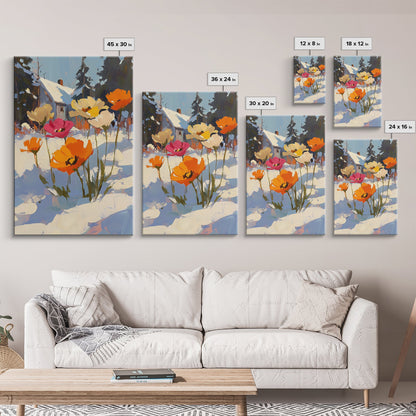 Wild Flowers In The Snow, Framed Canvas Print, Original Floral Painting Print, Modern Wall Art, Modern Custom Art, Winter Art