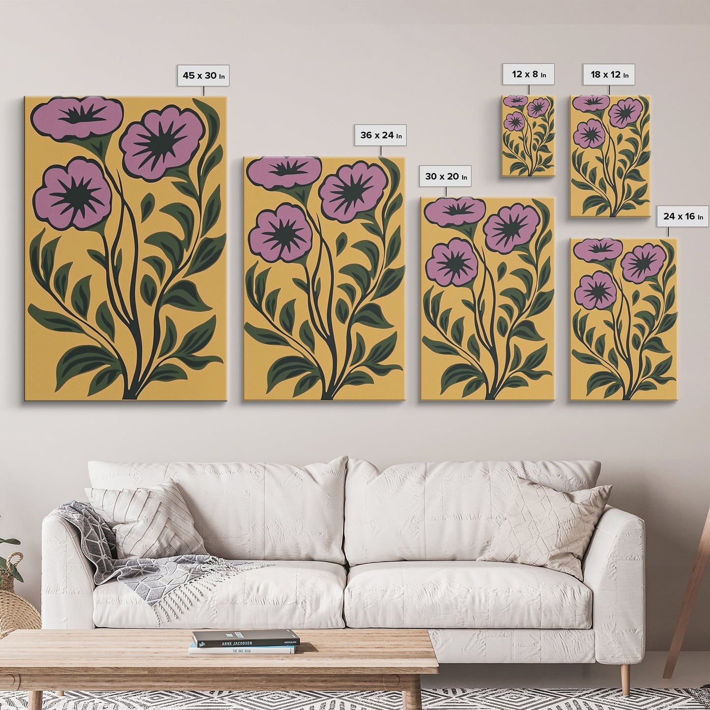 Framed Canvas Canvas Wall Art Mid-Century Modern Boho Flower Print, Purple and Yellow Wall Art, Modern Art Boho Home Decor, Minimalist