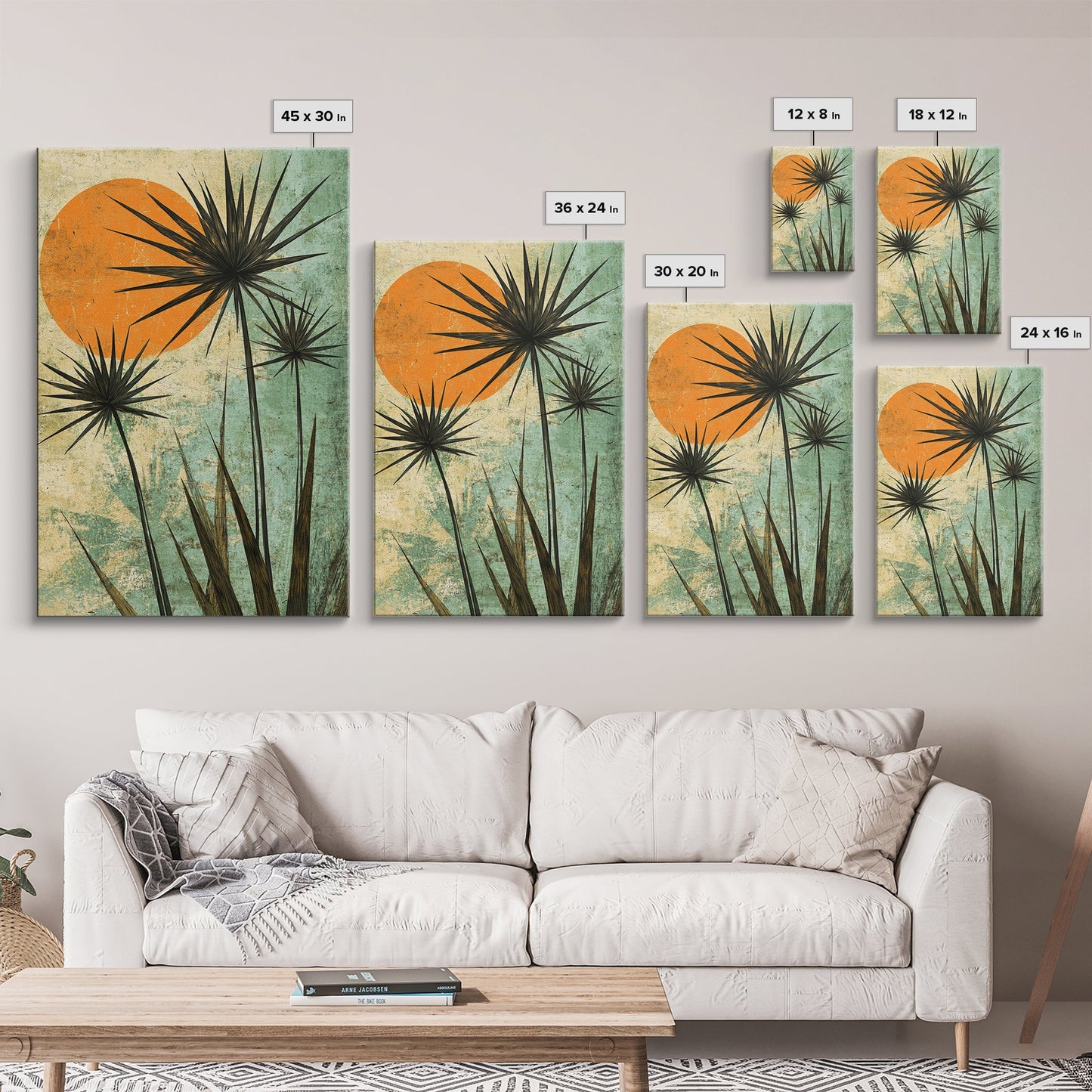 Abstract Palm Trees at Sunset, Framed Canvas Print, MCM Style Wall Art