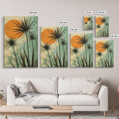 Abstract Palm Trees at Sunset, Framed Canvas Print, MCM Style Wall Art
