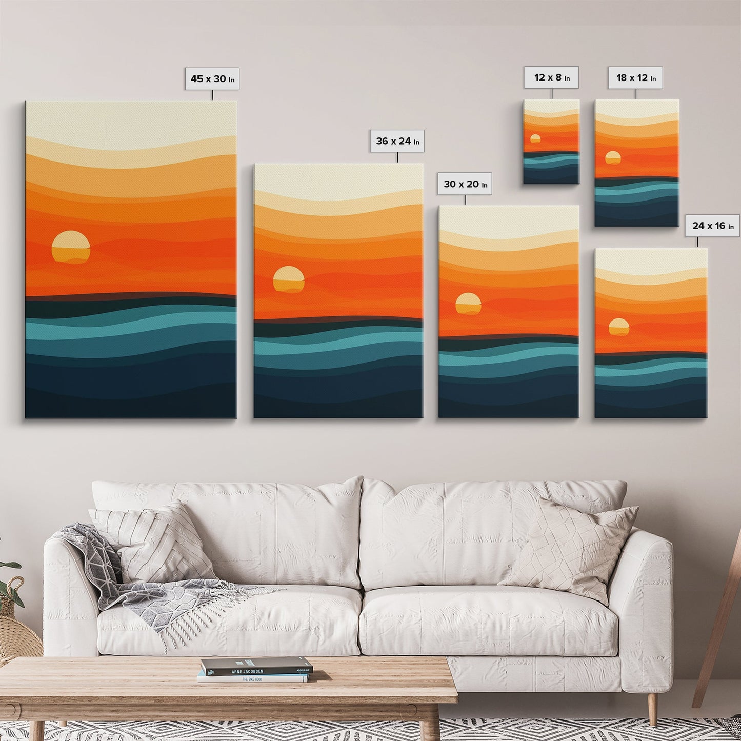 Abstract Sunset Over The Ocean Art Deco Style Wall Art Canvas Print, Beautiful Wall Art, Vertical Living Room Decor