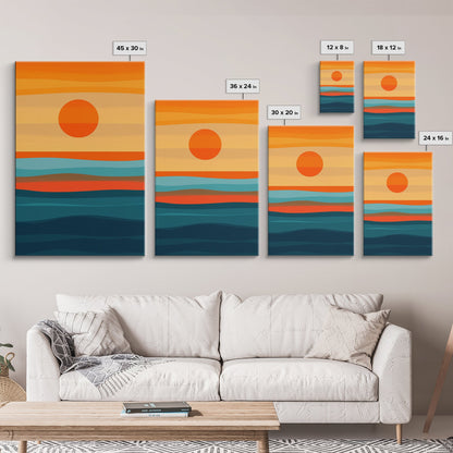 Sunset Over The Ocean Minimalist Print, Vertical Sea Sun Framed Canvas, Waves Line Art, Blue and Orange Sunset Beach House Painting