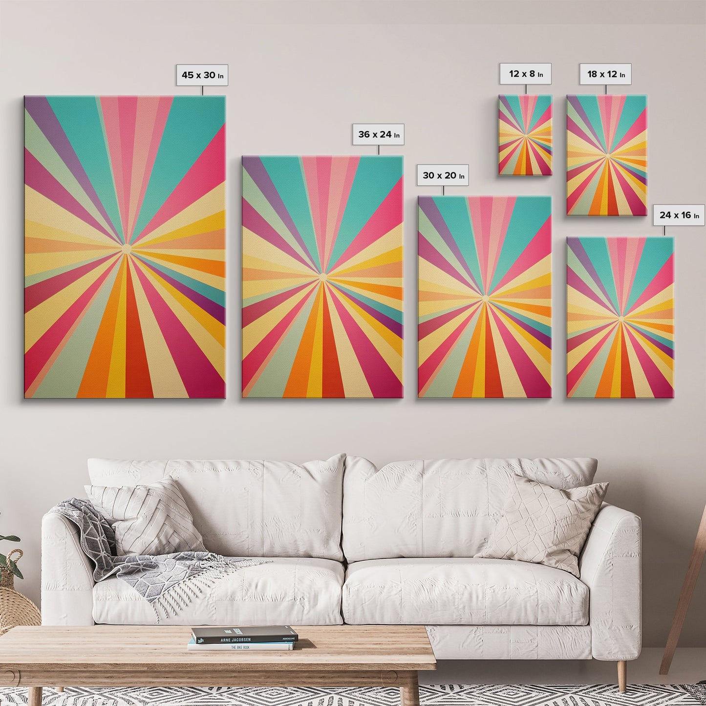 Geometric Boho Wall Art, Jungle Green, Watermelon Pink, Golden Sand and Winter Hazel Colored Wall Art, Boho Home Decor