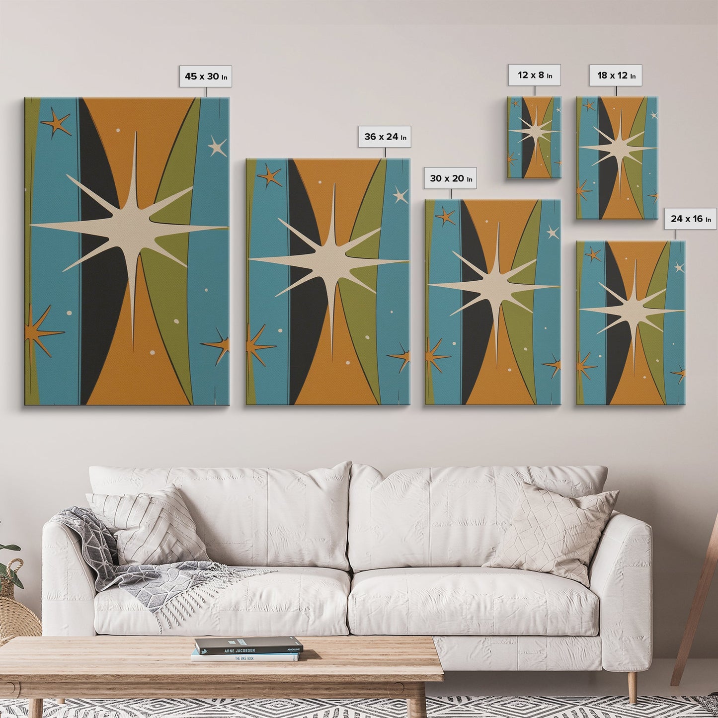 Atomic Age 1950s Style Retro Starburst, Pastel Colors, Canvas Print, MCM Wall Art Home Decor