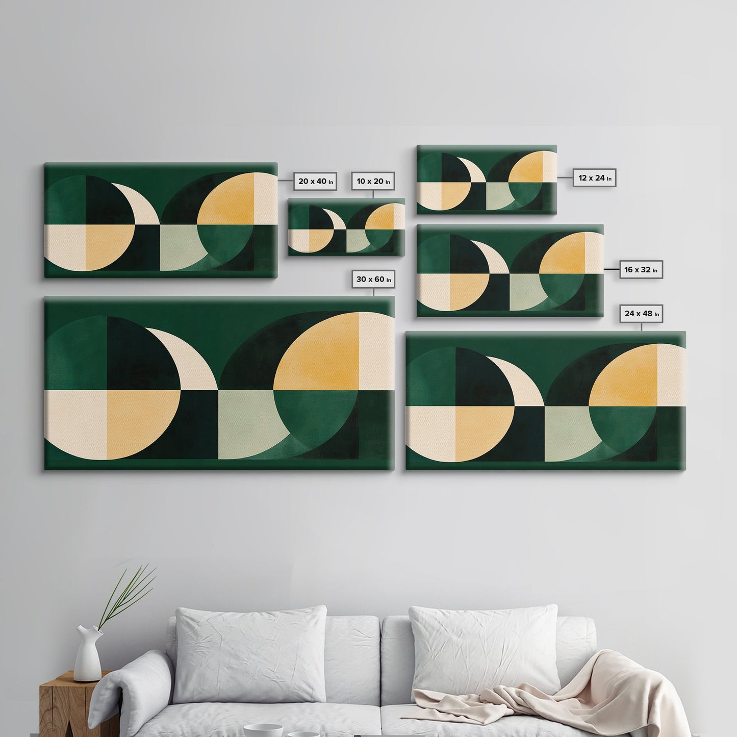 Extra Large Horizontal Emerald Green Geometric Mid Century Modern Wall Art, Framed Canvas Print, Oversized Art