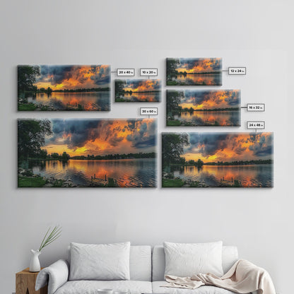 Sunset On The Lake Framed Canvas Print, Lakehouse Decor, Rustic Modern Farmhouse Wall Art, Photography Style Landscape Art